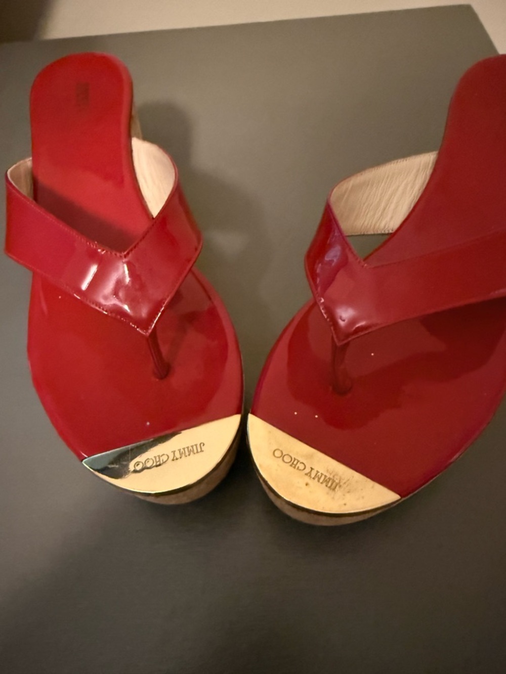 Jimmy Choo Red Patent Leather Platform Thong Mules with Gold Toe Plate - Picture 2 of 6